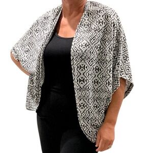 Kimono Open Front Cardigan Black White Geometric Pattern Cover Up Women's L‎